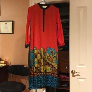 Brand new red silk tunic with printed design